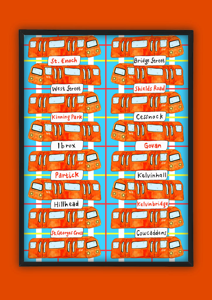 Glasgow Clockwork Orange Art Print, Glasgow Subway Illustration