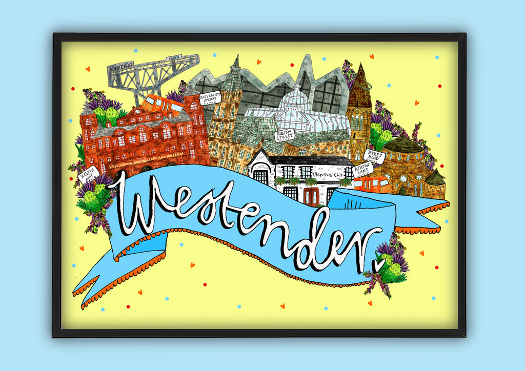 WestEnder Art Print, West End of Glasgow Landmarks Illustration Print