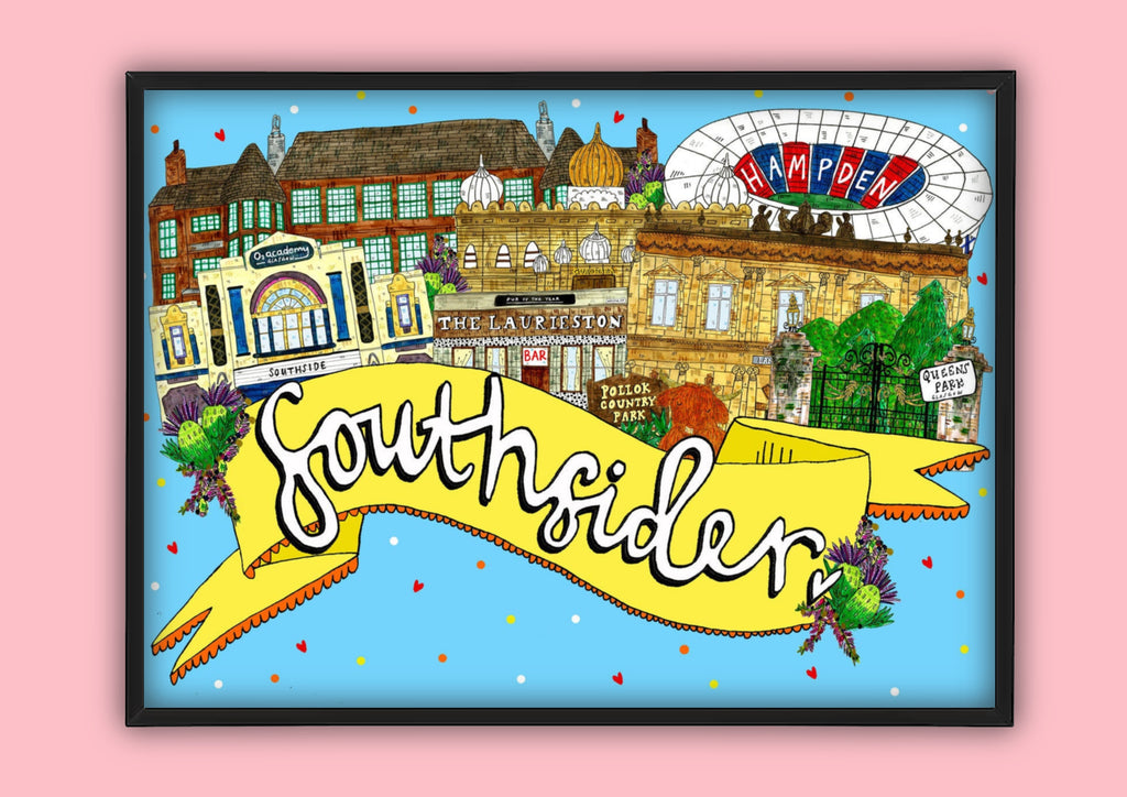 South Sider Art Print, South Side of Glasgow Landmarks Illustration Print