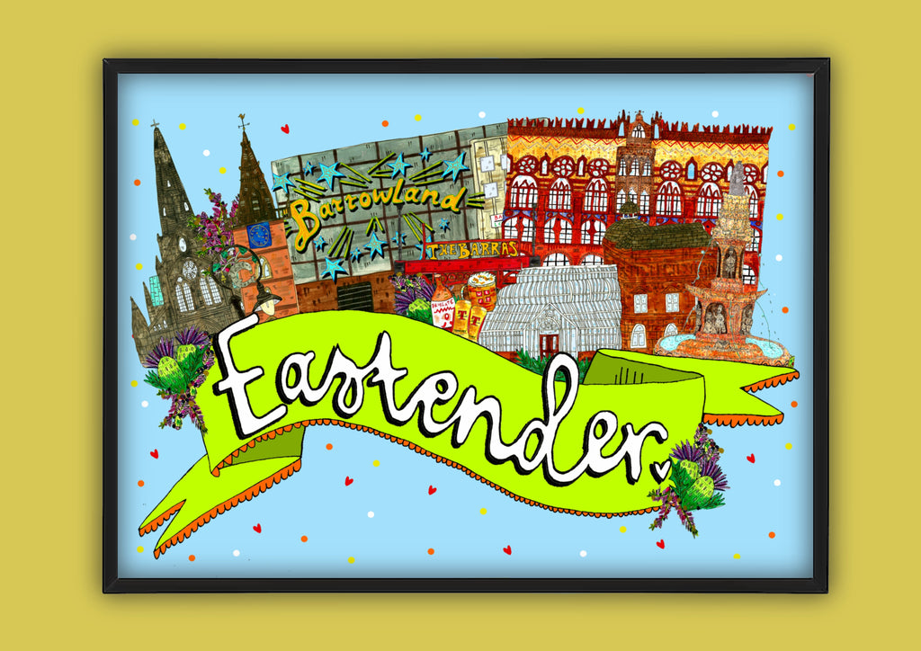 Eastender Art Print, East End of Glasgow Landmarks Illustration Print